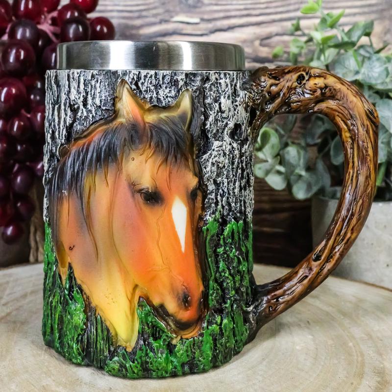 Rustic Western Wildlife Brown Horse Coffee Mug Cup Faux Tree Bark Texture 12oz
