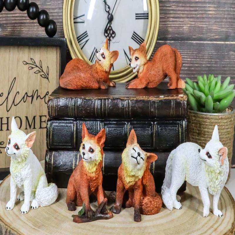 Set Of 6 Whimsical Pet Pals Playful Red And White Baby Fox Cubs Mini Figurines
