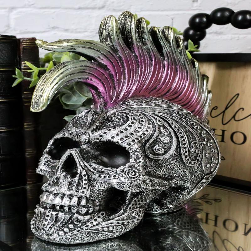 Silver Mohawk Purple Punk Haired Skull In Tooled Peacock Feathers Tattoo Statue