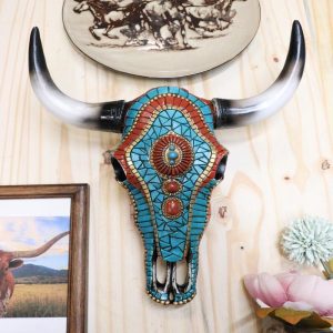 Southwest Steer Cow Skull With Turquoise Gold And Red Teardrop Gems Wall Decor