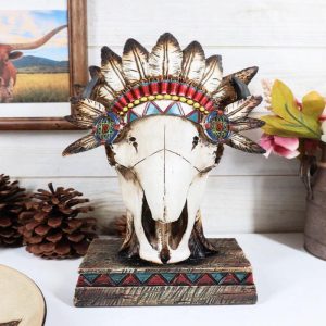 Southwestern Native Indian Cow Skull With Tribal Chief Roach Headdress Figurine
