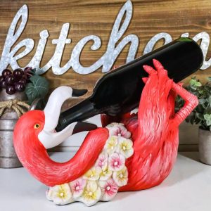 Tropical Paradise Pink Flamingo With Floral Garland Neck Wreath Wine Holder