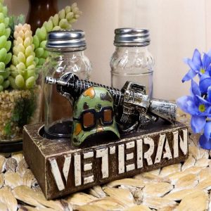 Veteran Military Fallen Soldier Rifle Helmet Salt Pepper Shakers Holder Figurine