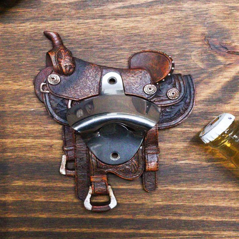 Vintage Rustic Western Cowboy Horse Saddle Wall Beer Bottle Cap Opener Figurine