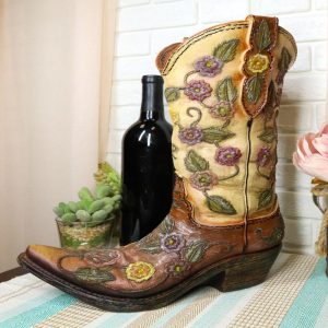 Western Country Arizona Floral Vines Brown Cowgirl Cowboy Boot Vase Figurine