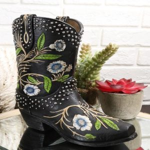 Western Cowboy Black Tooled Leather Floral Vines Cowboy Boot Pen Holder Vase