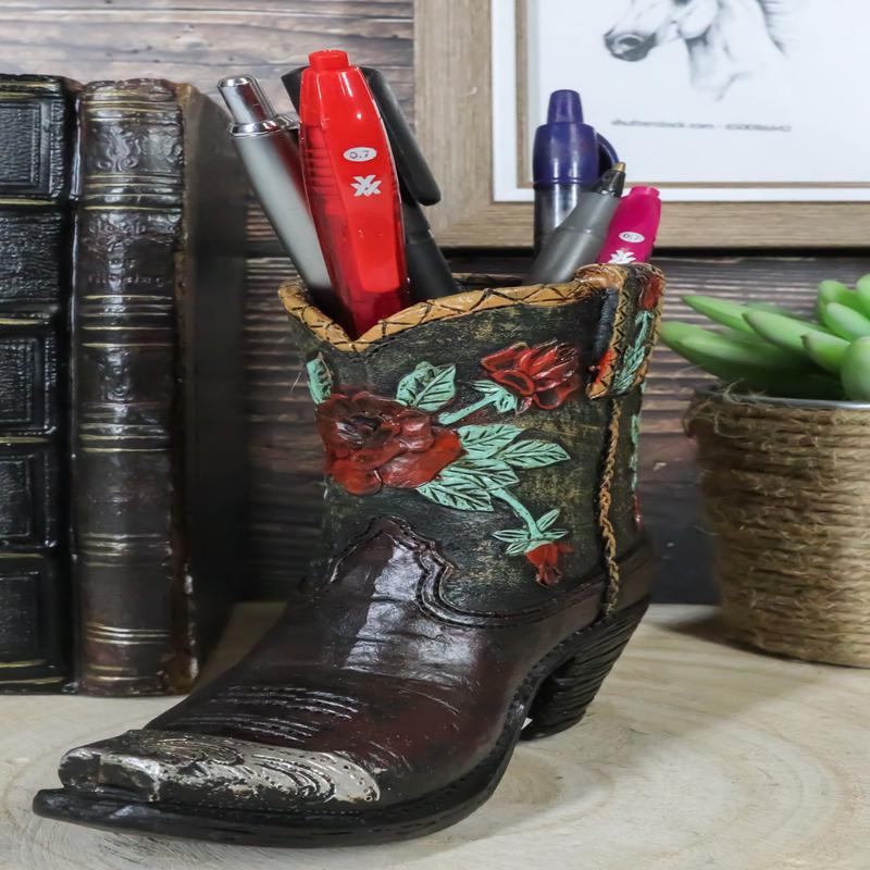 Western Cowboy Cowgirl Floral Red Roses Tooled Leather Boot Pen Holder Figurine
