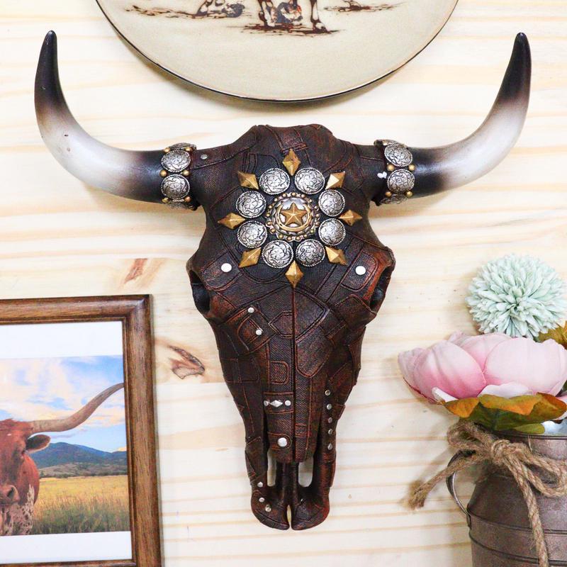Western Faux Patched Denim Steer Cow Skull With Star And Conchos Wall Decor