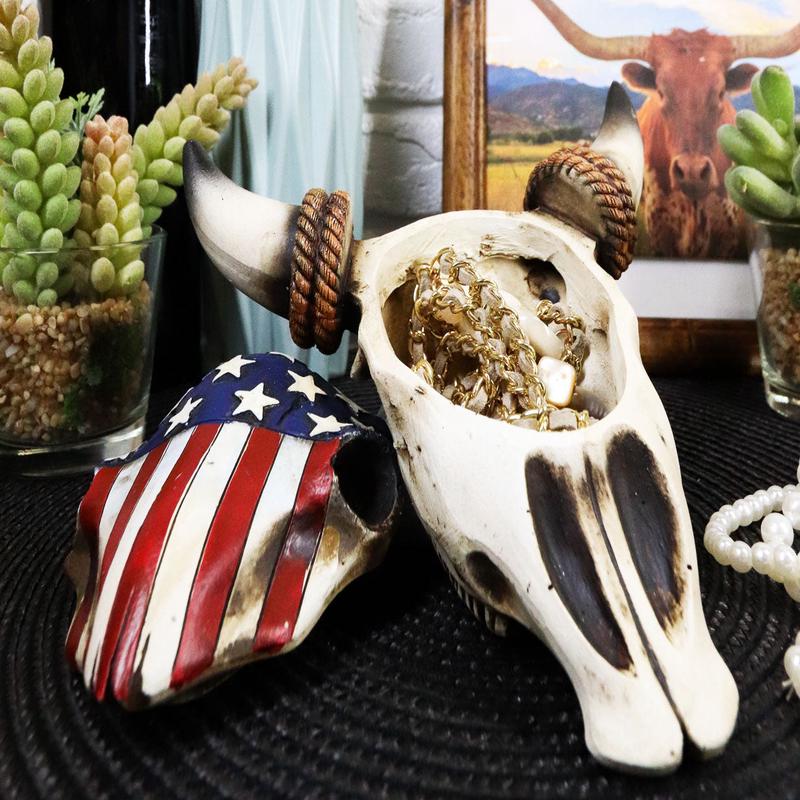 Western Rustic Patriotic USA Flag Steer Bull Cow Skull Decorative Trinket Box