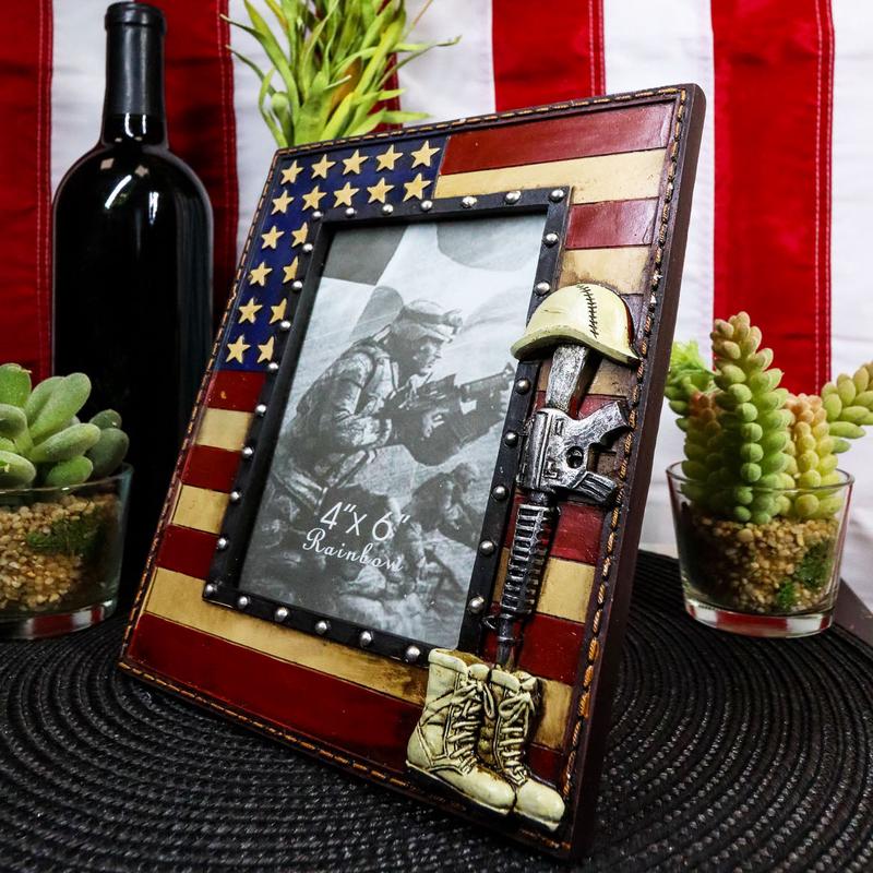 Western Stars USA Flag Fallen Soldier Boots Rifle Helmet Picture Frame 4"X6"