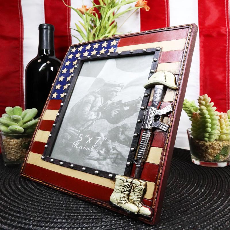 Western Stars USA Flag Fallen Soldier Boots Rifle Helmet Picture Frame 5"X7"