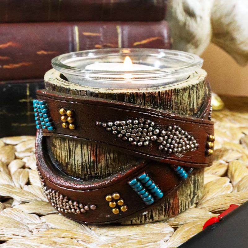 Western Turquoise Belt Buckle Crossed On Faux Wood Trunk Votive Candle Holder