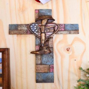 Western USA Flag Heart Fallen Soldier Boot Rifle Helmet Memorial Wall Cross 14"