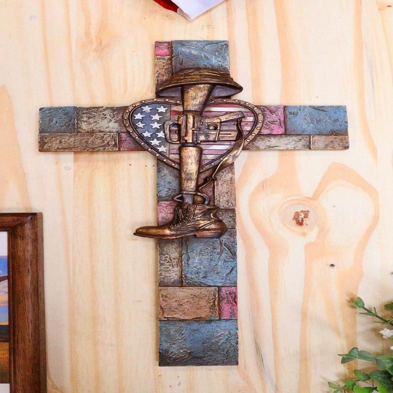 Western USA Flag Heart Fallen Soldier Boot Rifle Helmet Memorial Wall Cross 14"