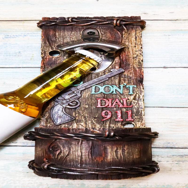 Western We Don't Dial 911 Pistol Gun Barbed Wires Wall Bottle Opener With Catch