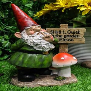 Whimsical Garden Gnome With Toadstool Mushroom And SHHH Quiet Yard Sign Statue