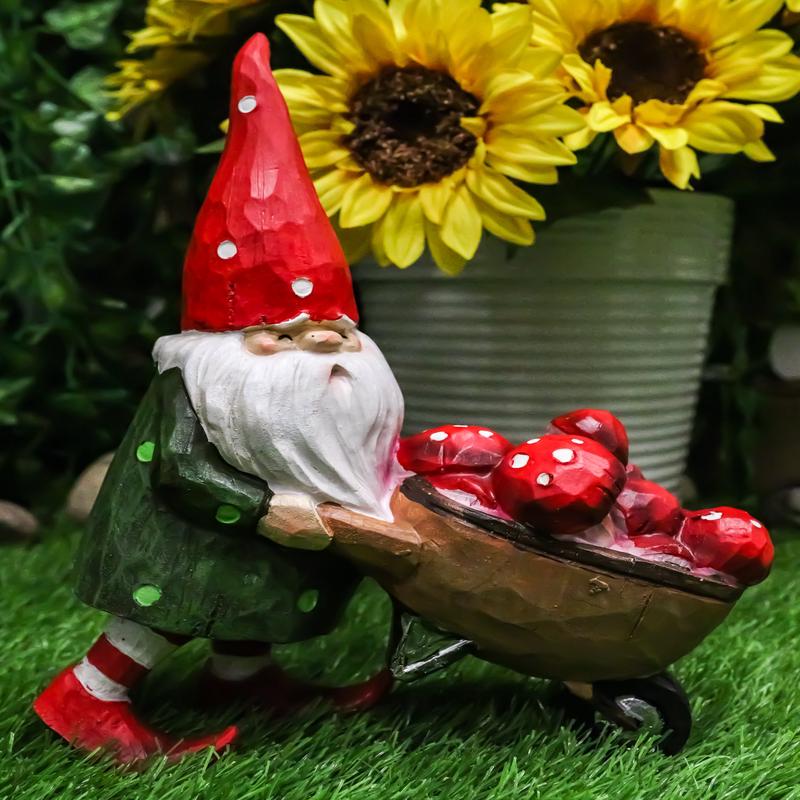 Whimsical Garden Mr Grandpa Gnome Pushing Toadstool Mushrooms Wheelbarrow Statue