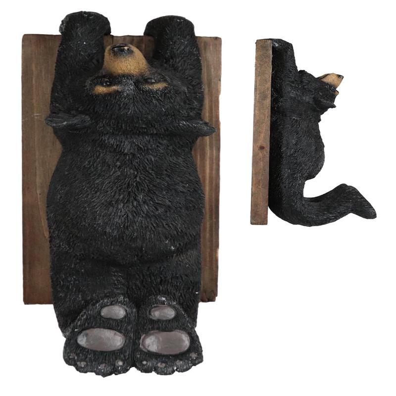 Whimsical Rustic Western Black Bear Clinging On Faux Wood Plank Wall Coat Hook