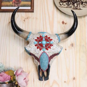16.5"H Large Turquoise And Red Gems Mosaic Southwest Steer Cow Skull Wall Decor