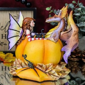 Amy Brown Halloween Fairy Black Cats And Dragon In Pumpkin Fall Leaves Figurine