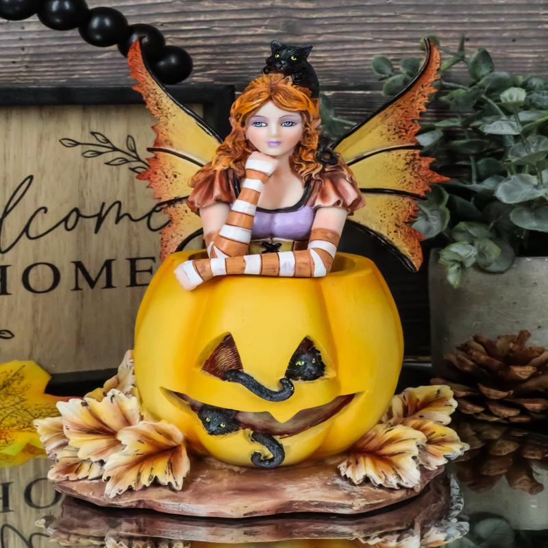 Amy Brown Halloween Mischief Fairy With Black Cats On Grinning Pumpkin Figurine