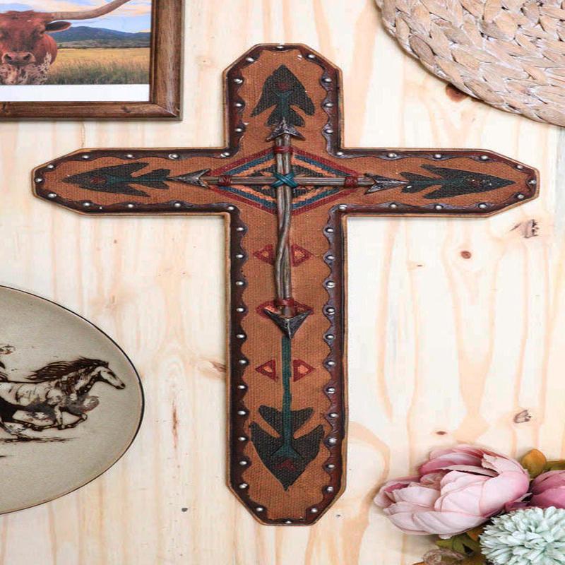 Large 22"H Rustic Southwestern Aztec Tribal Vector Symbols And Arrows Wall Cross