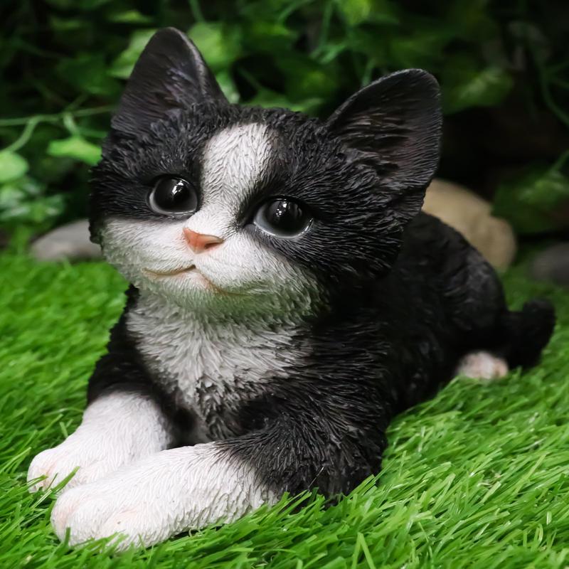 Lifelike Tuxedo Black And White Feline Kitten Cat Sitting On Its Belly Figurine