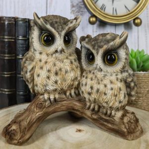 Mystical Forest Great Horned Owlet Owl Birds Couple Pair On Tree Branch Statue