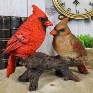 Northern Red And Brown Cardinal Male And Female Birds Couple On Branch Figurine
