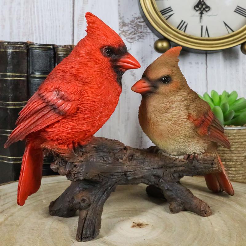 Northern Red And Brown Cardinal Male And Female Birds Couple On Branch Figurine