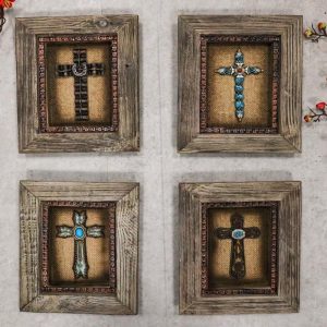 Pack of 4 Rustic Western Turquoise Gems Horseshoe Cross Wood Framed Wall Decors