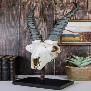 Rustic Western Aged Bone Springbok Antelope Skull On Pole Stand Base Figurine