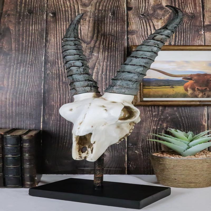 Rustic Western Aged Bone Springbok Antelope Skull On Pole Stand Base Figurine