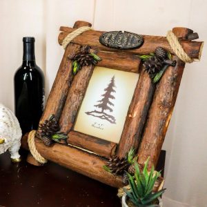 Rustic Western Autumn Fall Festive Pinecones With Wooden Log Picture Frame 5"X7"