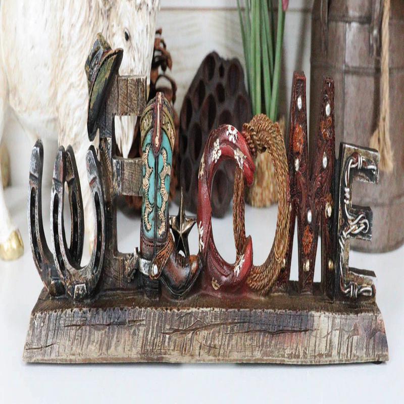 Rustic Western Cowboy Boot Hat Ropes Horseshoes Welcome Sign Desktop Plaque