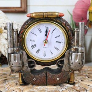 Rustic Western Cowboy Pistol Revolver Guns And Bullets Analog Table Clock Decor