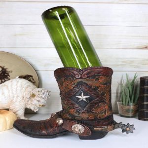 Rustic Western Texas Star Cowboy Boot Spur Faux Leather Wine Holder Floral Vase