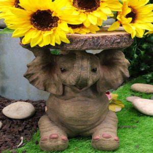 Safari Jungle Baby Calf Elephant Holding Faux Wood Slice Table Stand Figurine