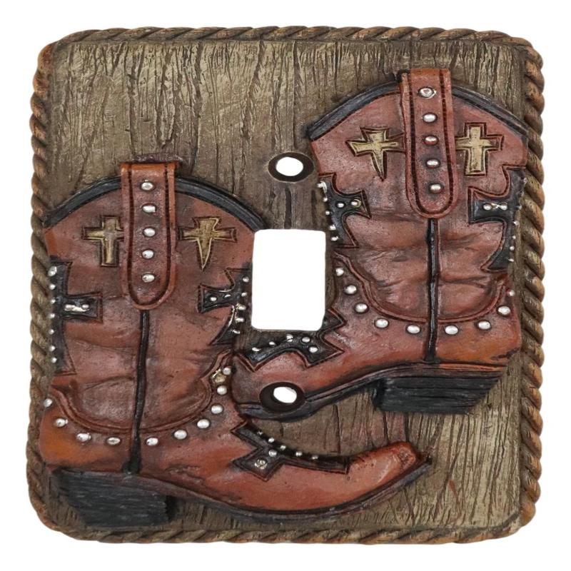 Set of 2 Rustic Western Cowboy Boots Faux Wood Wall Single Toggle Switch Plates