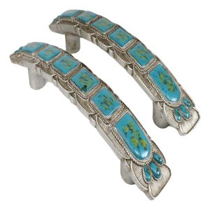 Set Of 2 Rustic Western Silver Turquoise Boho Drawer Cabinet Door Bar Pulls