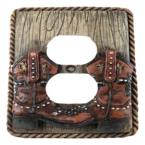Set of 2 Western Cowboy Boots Faux Wood Wall Double Receptacle Outlet Plates