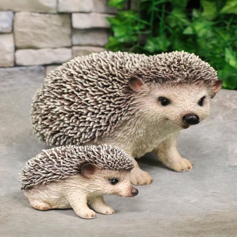 Set Of 2 Wildlife Animals Realistic Mother Hedgehog With Baby Hoglet Figurines