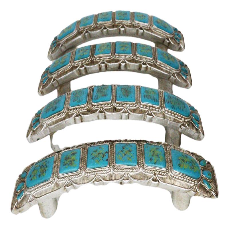 Set Of 4 Rustic Western Silver Turquoise Boho Drawer Cabinet Door Bar Pulls