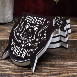 Set Of 4 Wicca Occult Purrfect Brew Cat Pentagram Cauldron Ceramic Cork Coasters