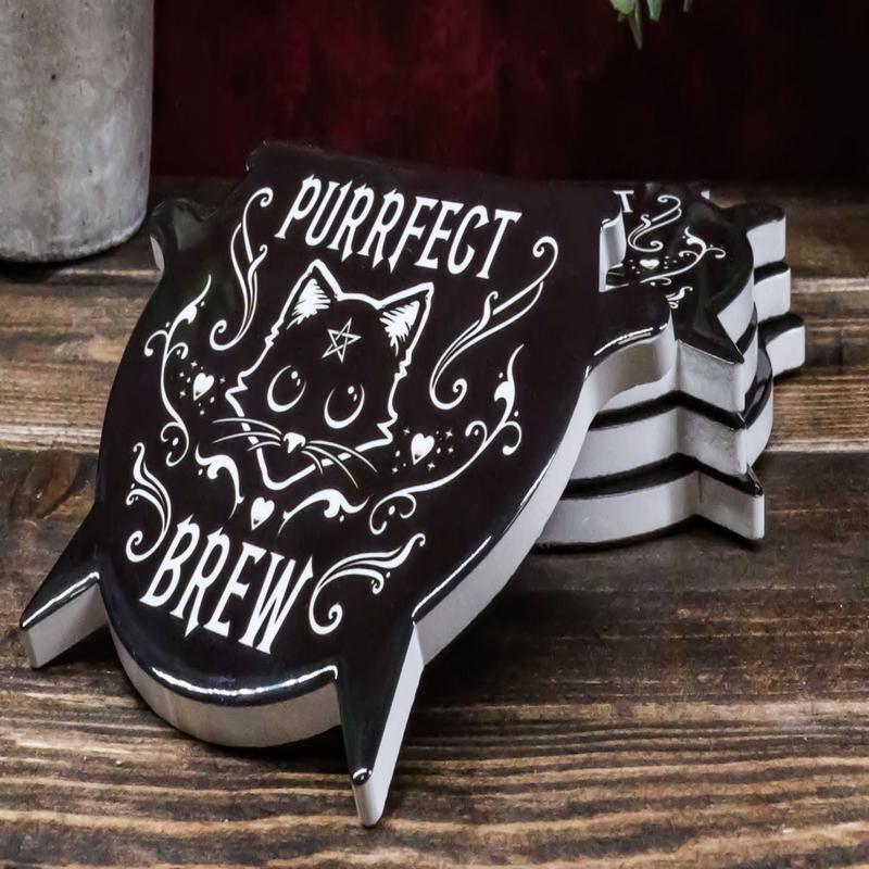Set Of 4 Wicca Occult Purrfect Brew Cat Pentagram Cauldron Ceramic Cork Coasters