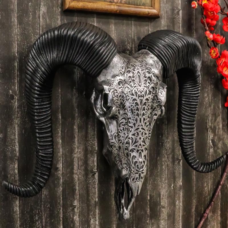 Silver Tribal Floral Scroll Tooled Filigree Corsican Ram Skull Wall Decor 11"W