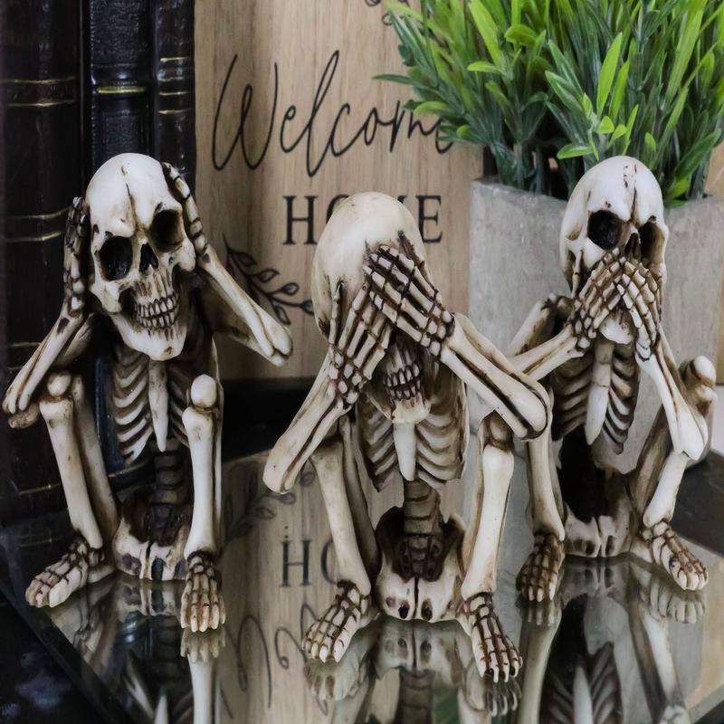 Squatting See Hear Speak No Evil Grinning Skeletons Shelf Sitter Figurines Set