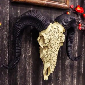 Tribal Floral Vines Tooled Filigree Corsican Ram Cow Skull Wall Decor Plaque