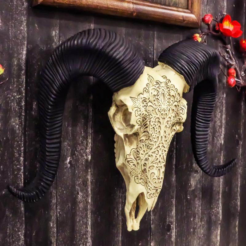 Tribal Floral Vines Tooled Filigree Corsican Ram Cow Skull Wall Decor Plaque