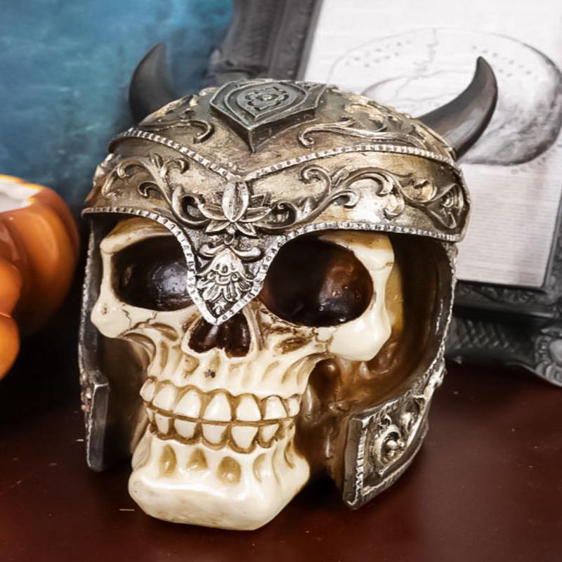 Viking Chieftain Warlord Odin Skull Figurine With Bull Horned Helmet Skeleton
